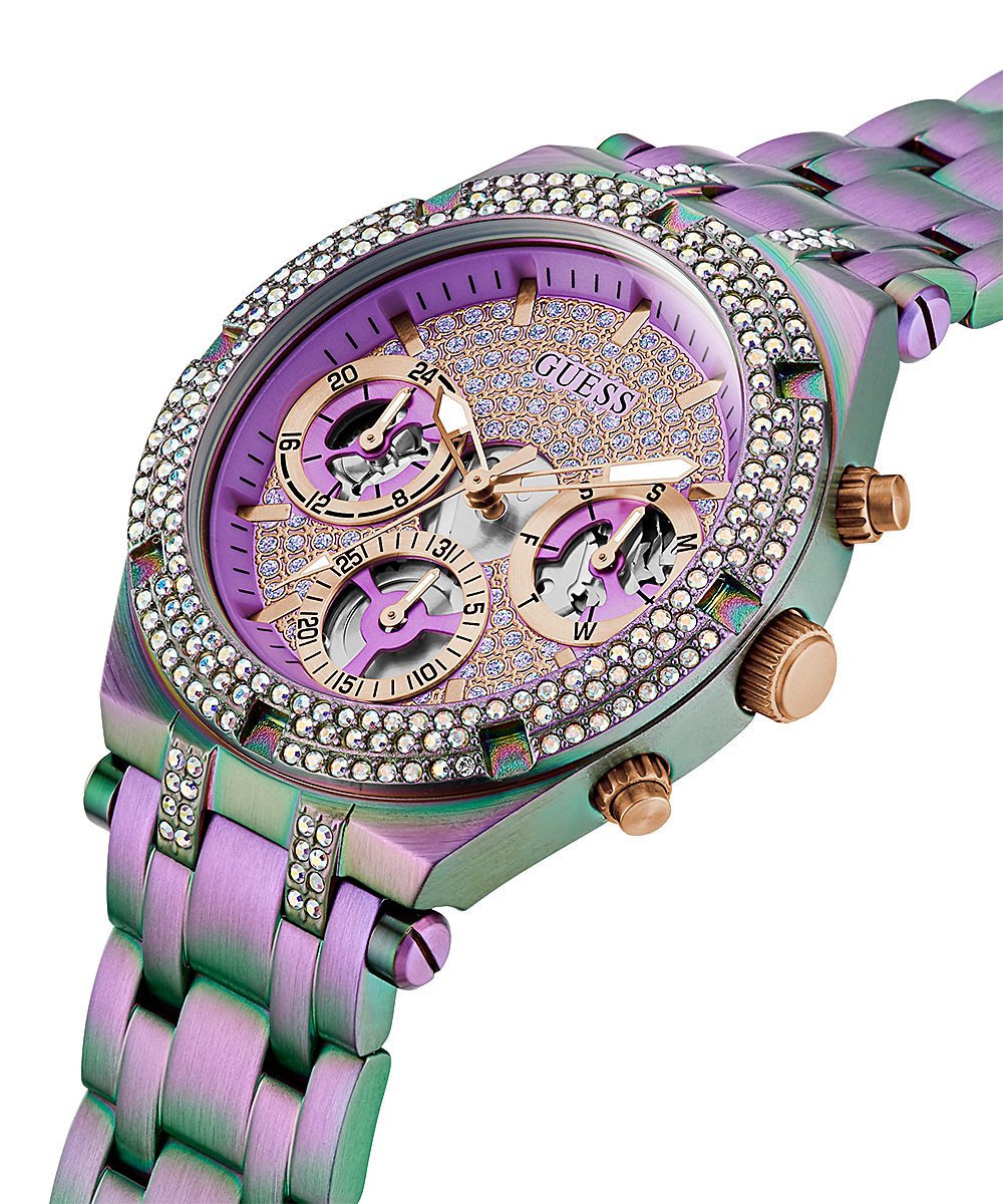 Guess Iridescent Heiress Rainbow watch angled view showing purple chronograph dial and iridescent bracelet detail