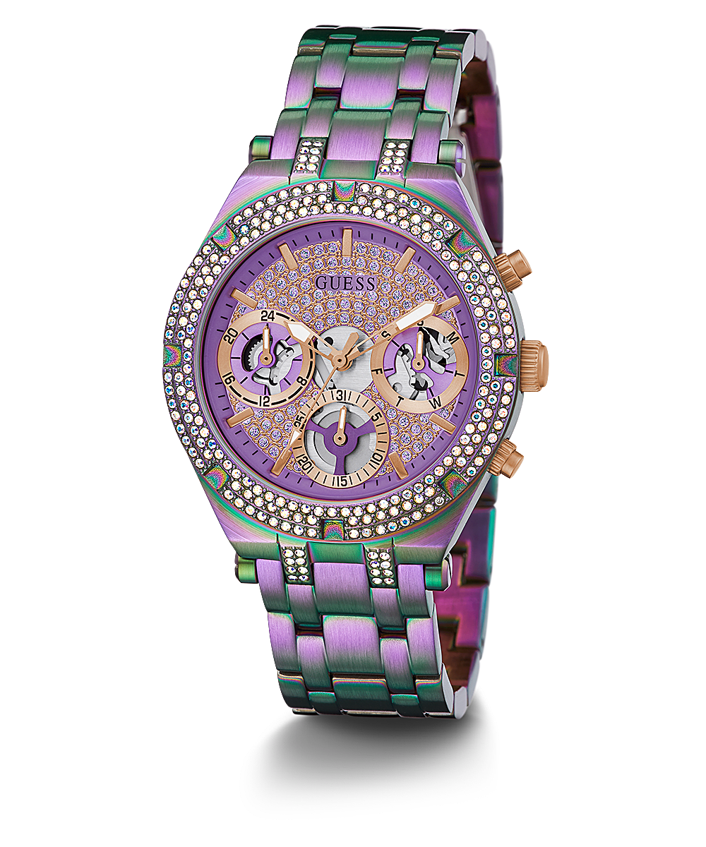 Guess Iridescent Heiress Rainbow women's watch with purple dial, crystal bezel, and iridescent strap