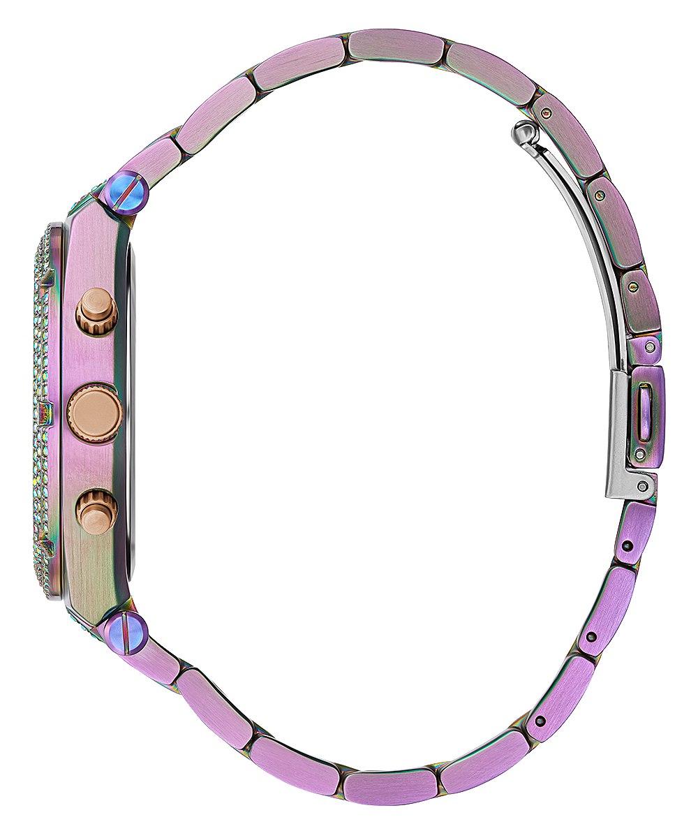 Guess Iridescent Heiress Rainbow watch side view showing iridescent purple and green bracelet bands