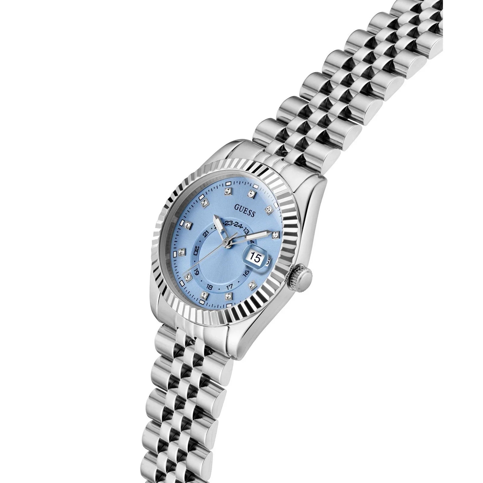 Guess Jada ladies watch at angle showing case, blue dial and stainless steel strap