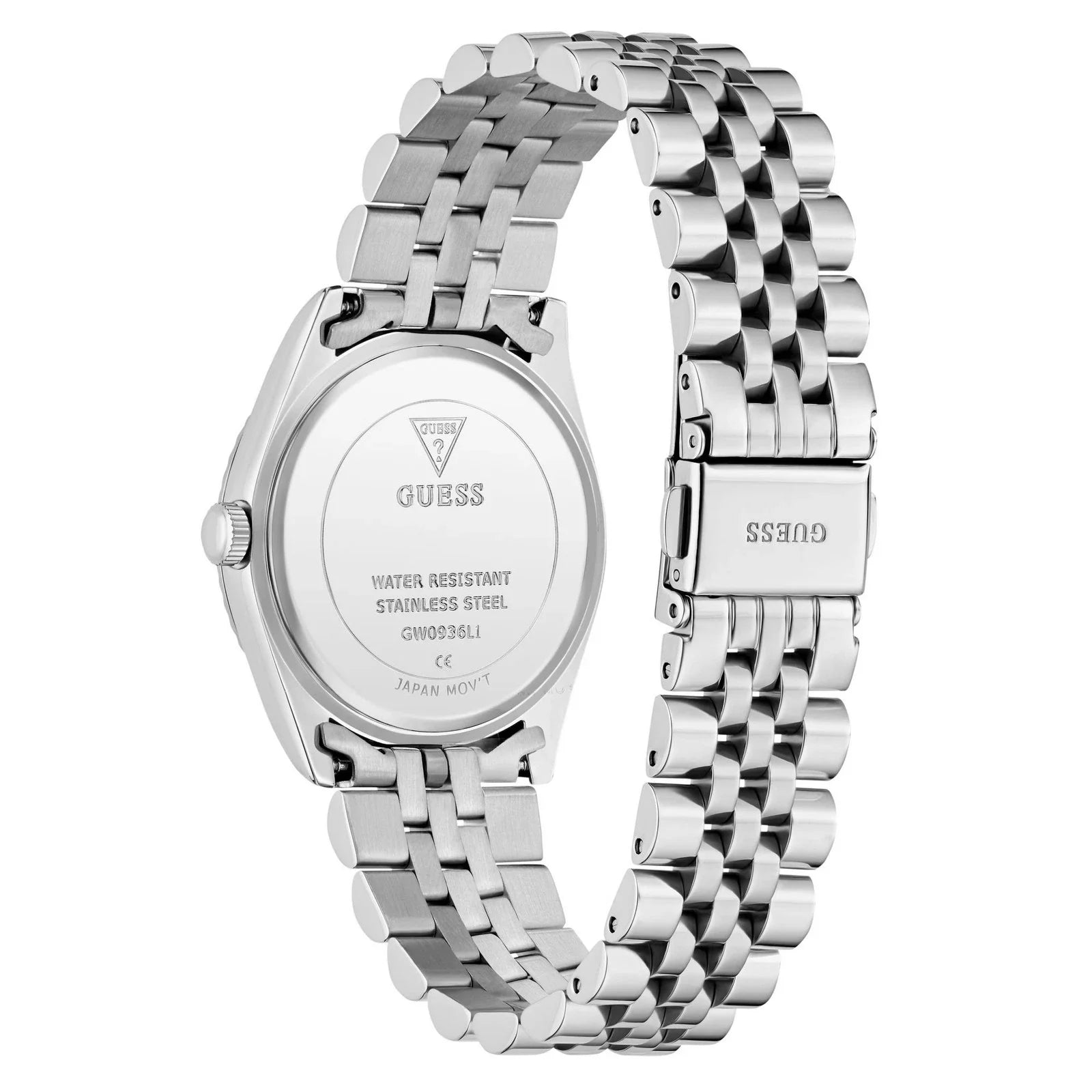 Guess Jada watch caseback showing water resistant stainless steel case and serial number
