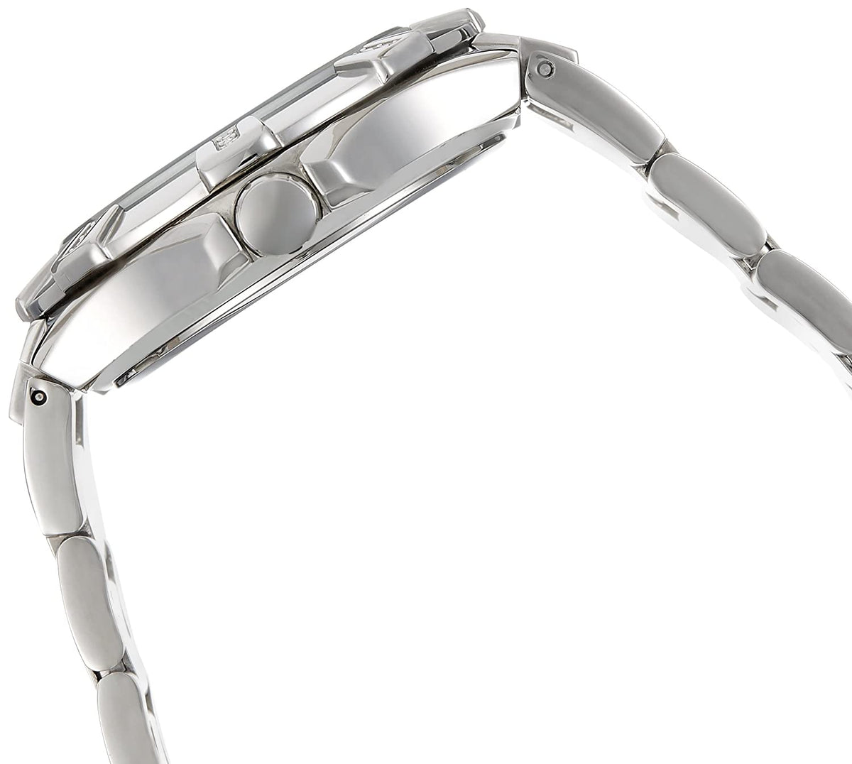 Side profile of Guess Vista watch showing slim silver-tone case and bracelet