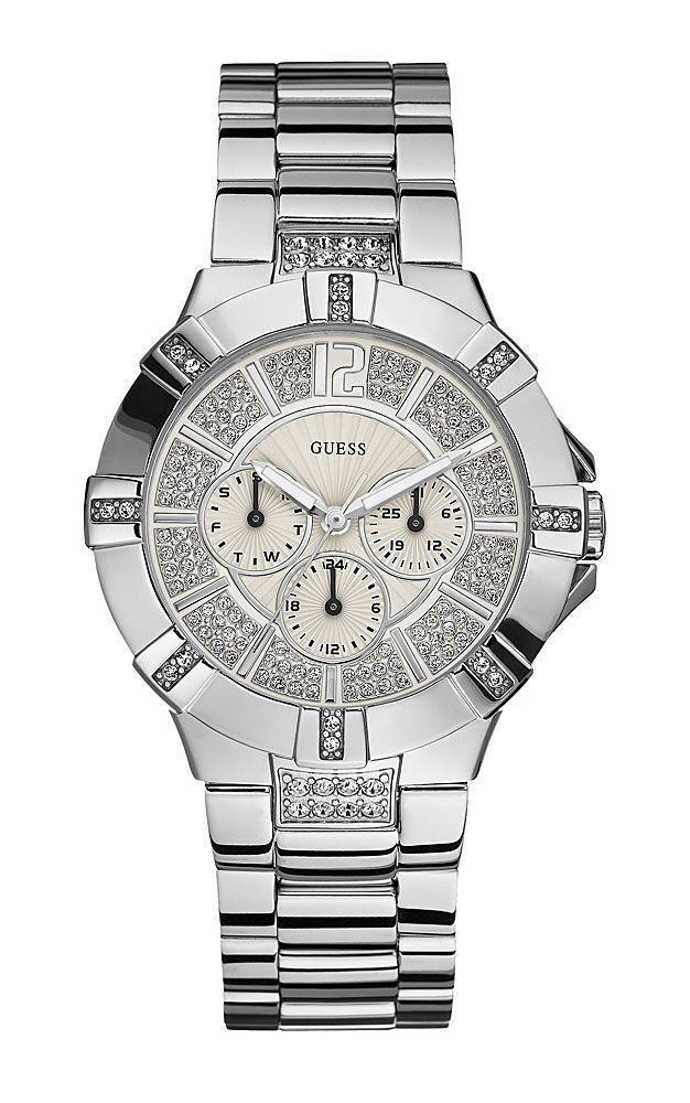 Guess Ladies Vista silver-tone watch with crystal-embellished dial and chronograph subdials
