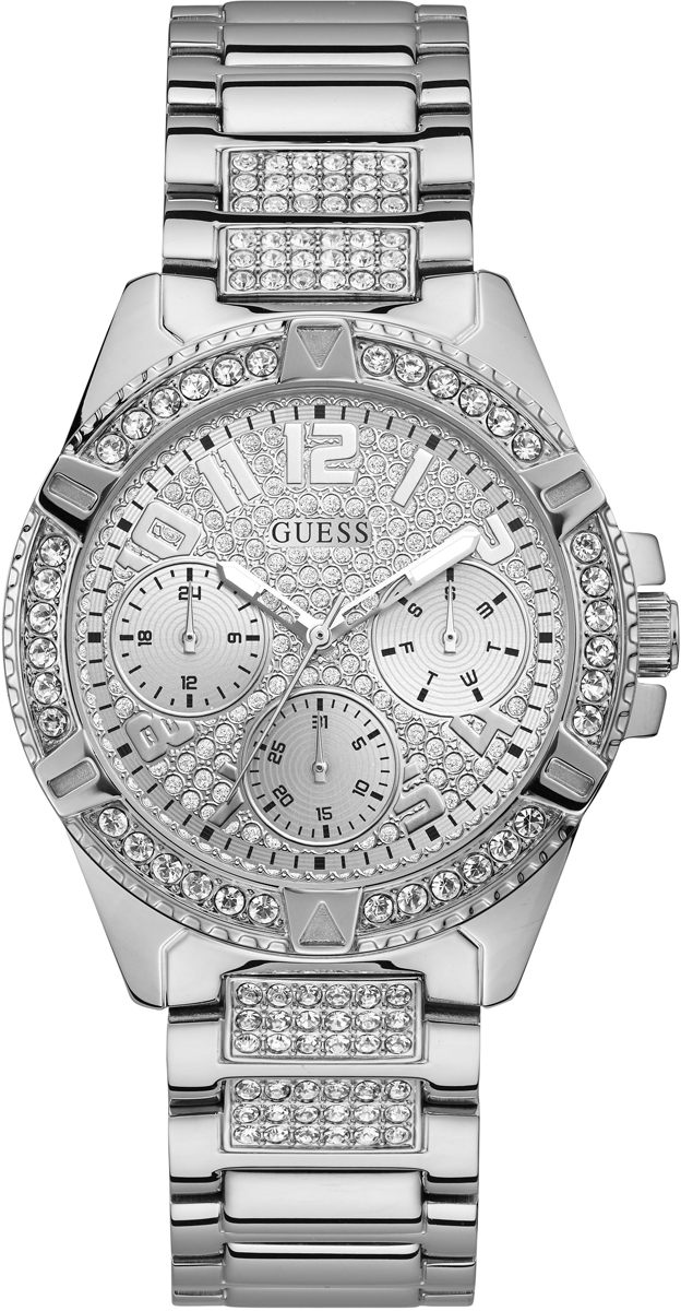 Guess Lady Frontier silver quartz watch with crystal-embellished dial and multifunction chronograph
