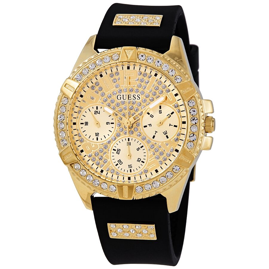 Guess Lady Frontier gold chronograph watch with crystal bezel and black strap