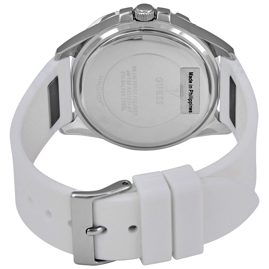 Guess Lady Frontier watch caseback with stainless steel back and white rubber strap
