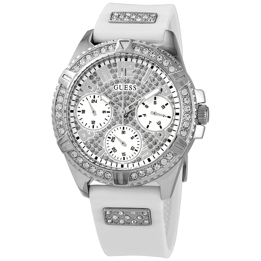 Guess Lady Frontier quartz watch with crystal-set silver dial and white rubber strap