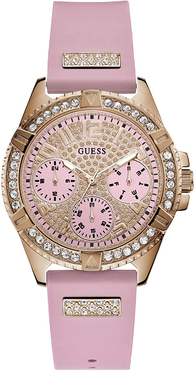 Guess Lady Frontier watch with rose gold case, pink multi-dial face, and crystal bezel