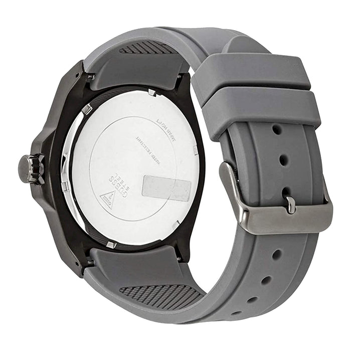 Guess Legacy watch caseback with gray silicone strap and buckle