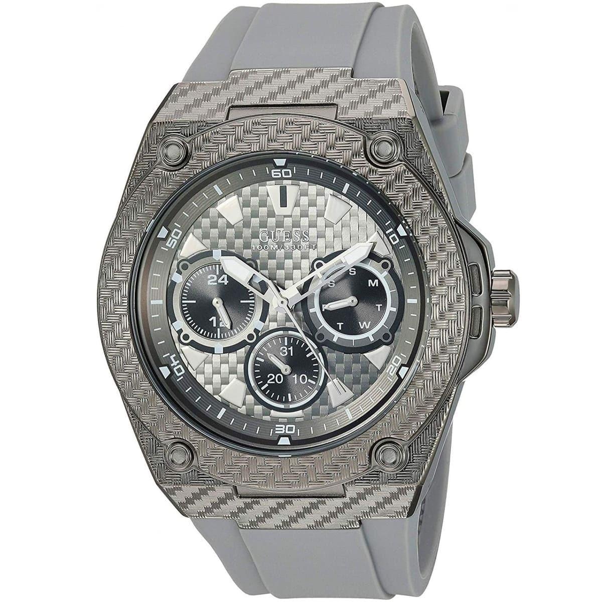Guess Legacy gunmetal-plated multi-function watch with blue dial and gray silicone strap