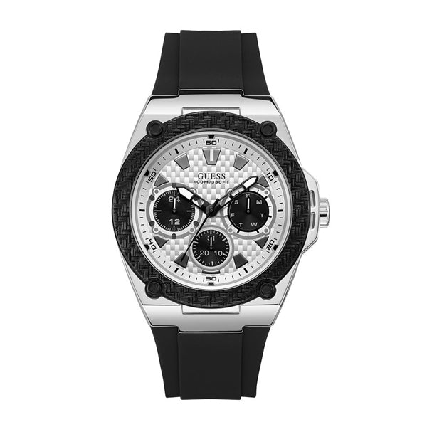 Guess Legacy quartz men's watch white dial chronograph black rubber strap