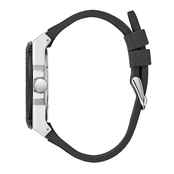 Guess Legacy watch side profile with black rubber strap and silver case