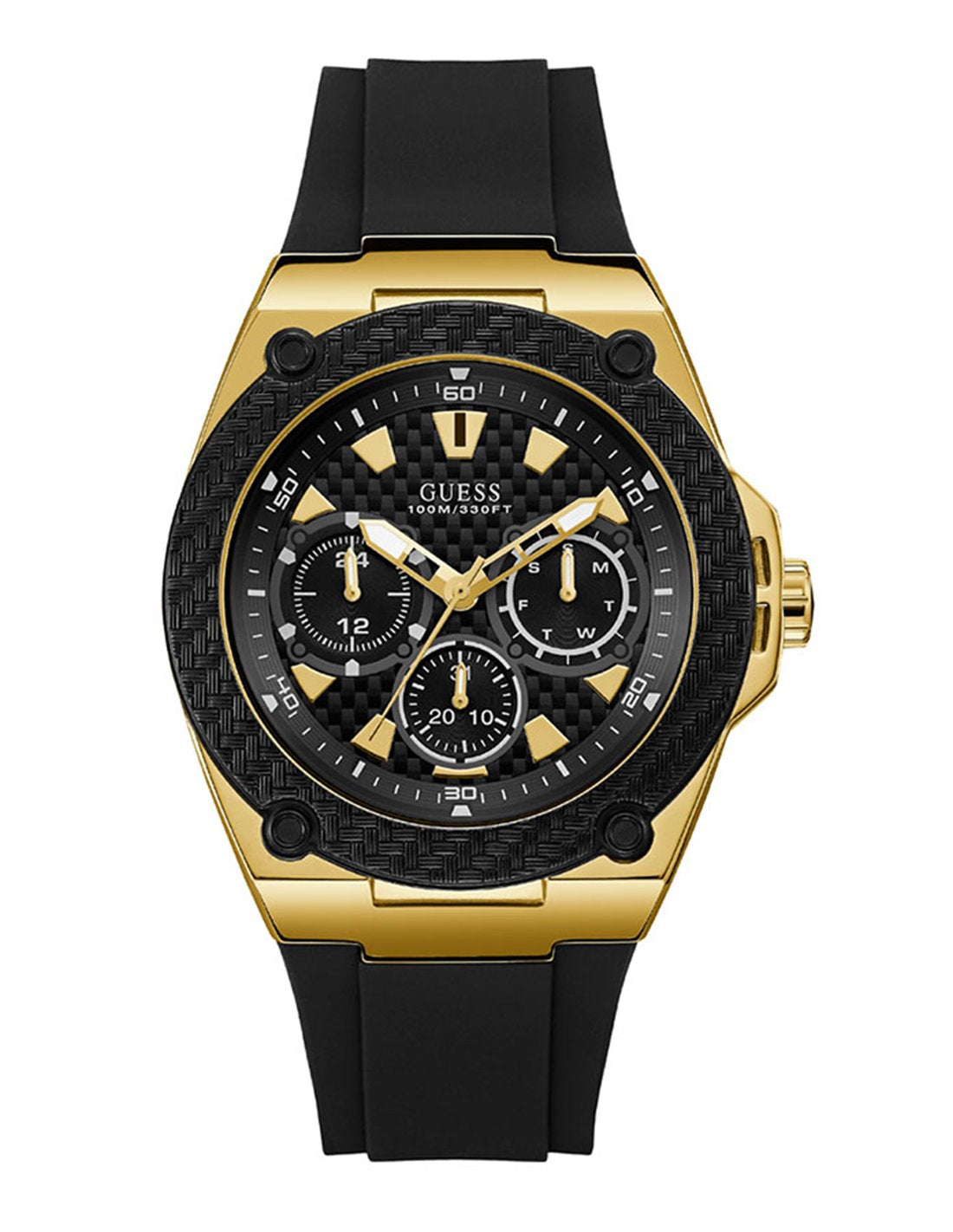 Guess Legacy men's watch with gold case, black dial, and black rubber strap