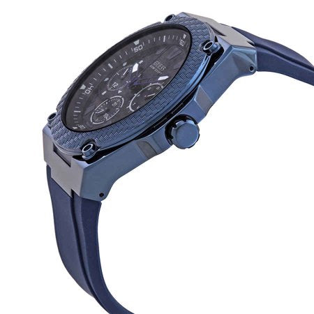 Angled view of Guess Legacy watch displaying blue case, dial and silicone strap