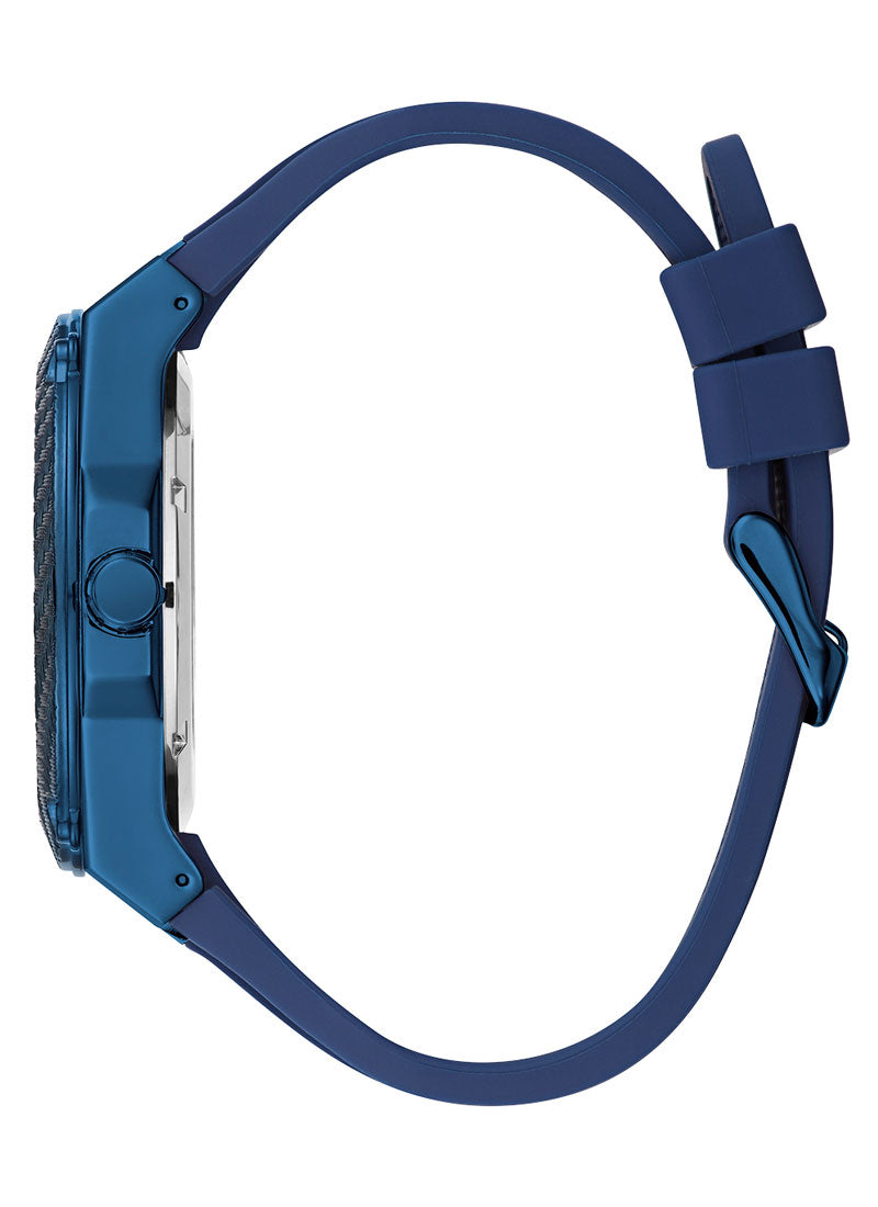 Side view of Guess Legacy watch showing blue silicone strap with fold-over clasp