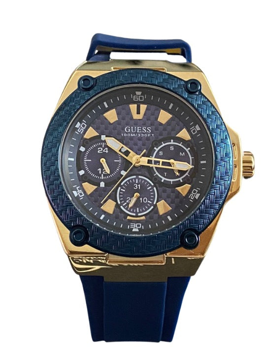 Guess Legacy men's watch with blue rubber strap and gold-tone chronograph case