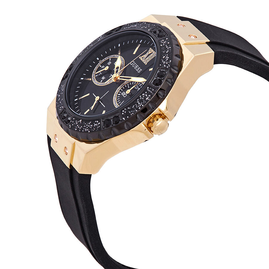 Guess Limelight side angle view showing rose gold case, black dial, chronograph subdials, and black rubber strap