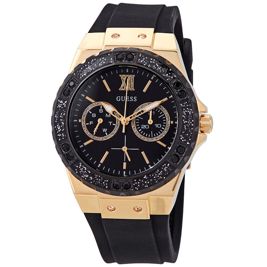 Guess Limelight ladies watch with black crystal bezel, black dial, rose gold case, and black strap