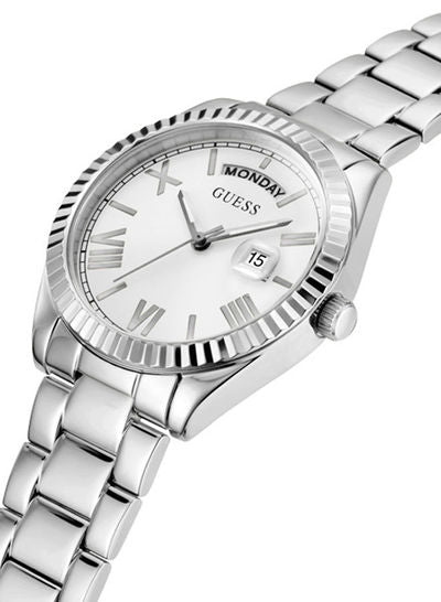 Guess Luna watch angled view showing silver bracelet and white dial with day-date