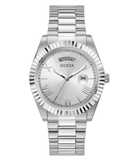 Guess Luna women's watch with silver case, white dial, and silver bracelet