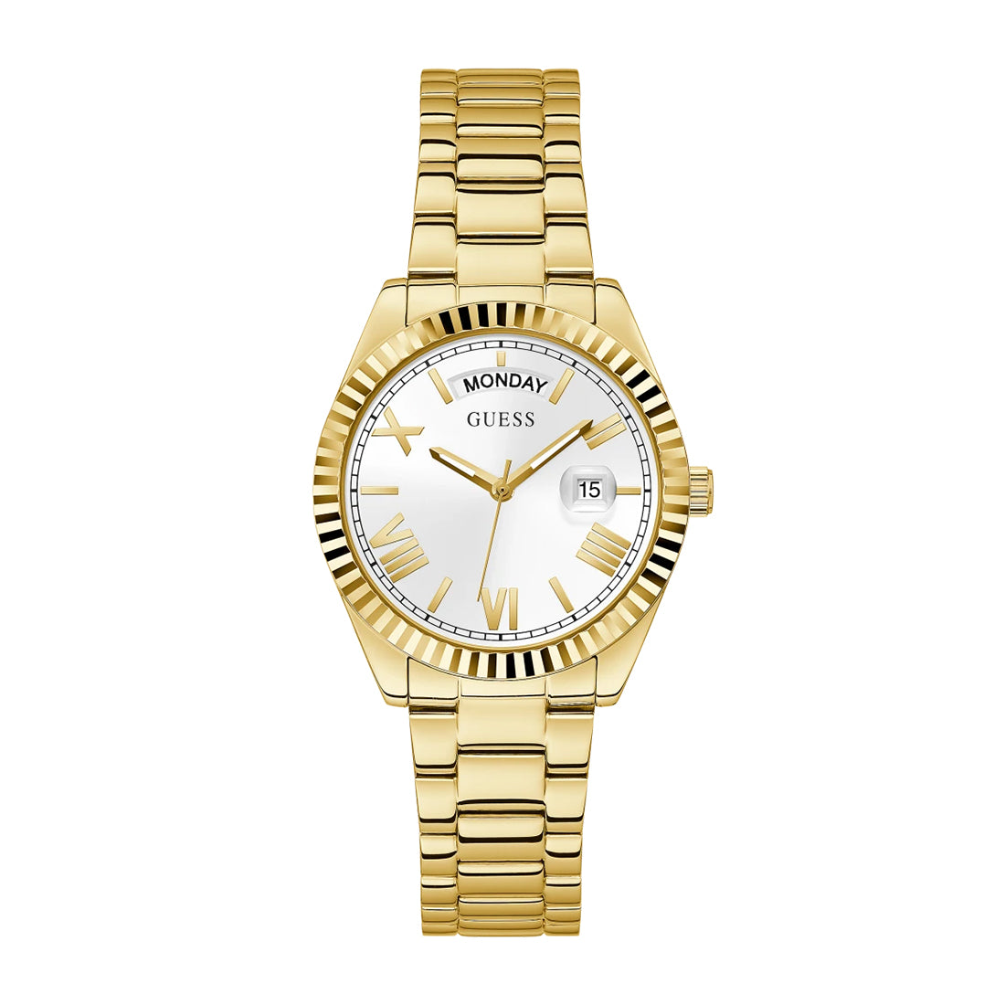 Guess Luna women's watch with gold case, white dial, day-date window, and gold link bracelet