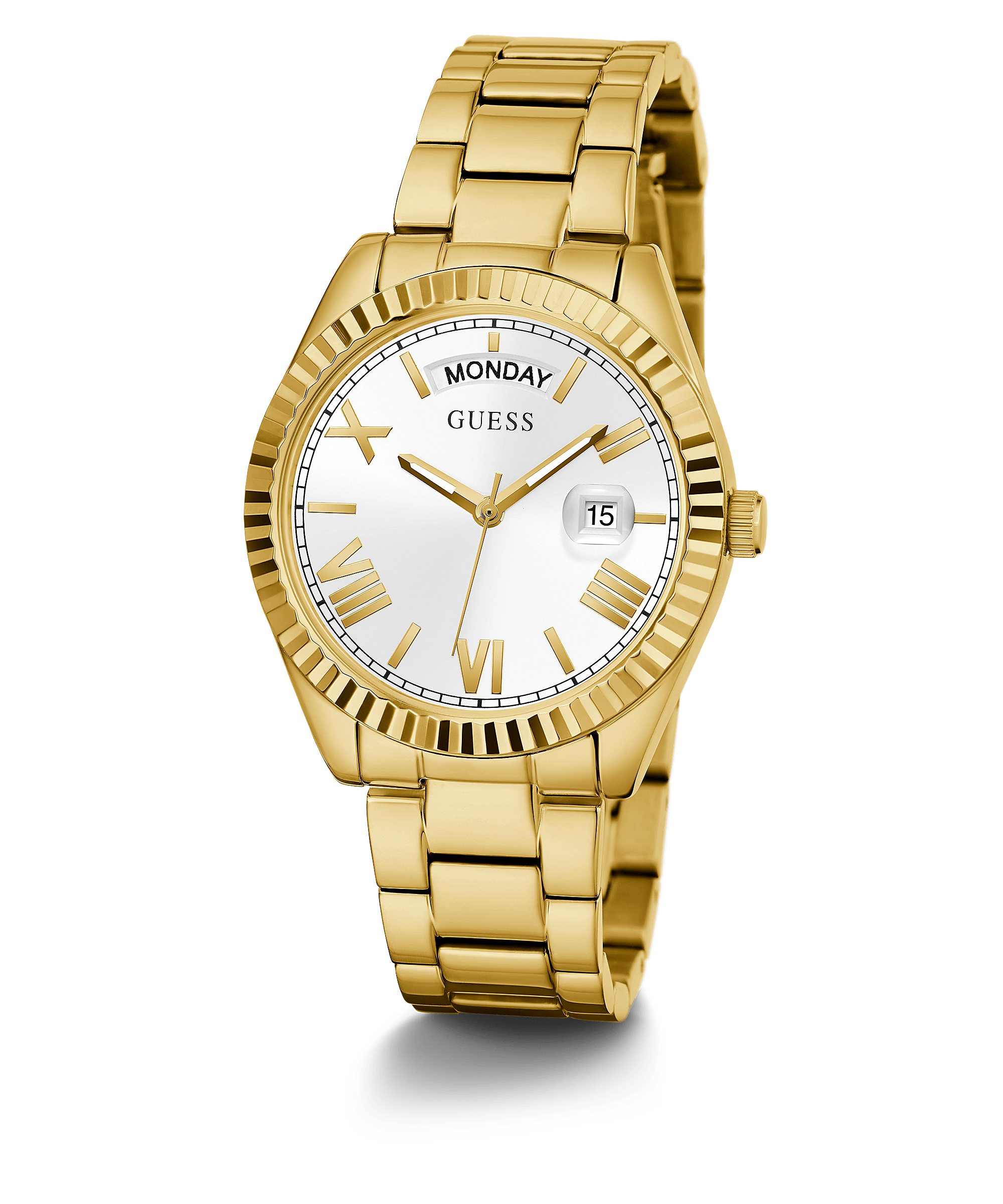 Guess Luna gold women's watch with white dial, gold Roman numerals, and gold-tone bracelet