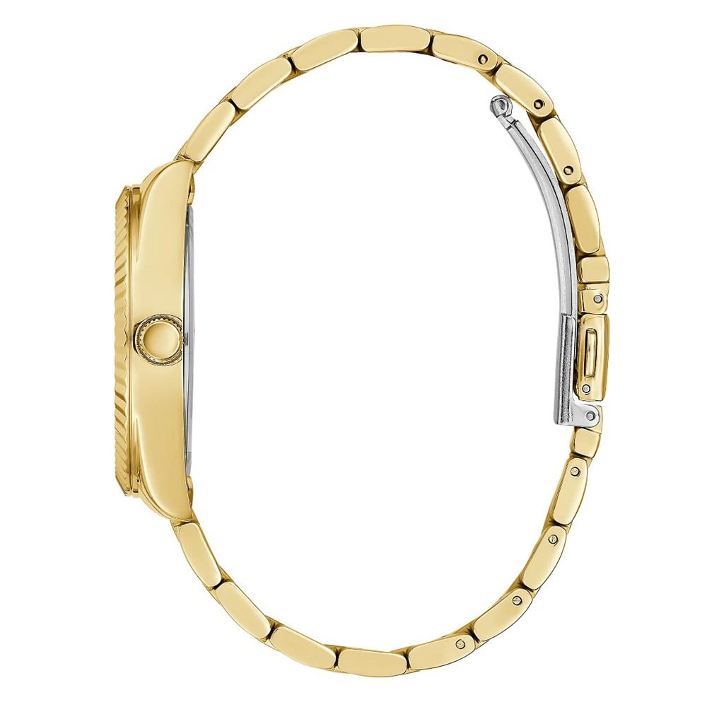 Side view of Guess Luna women's watch showing gold-tone case and bracelet design