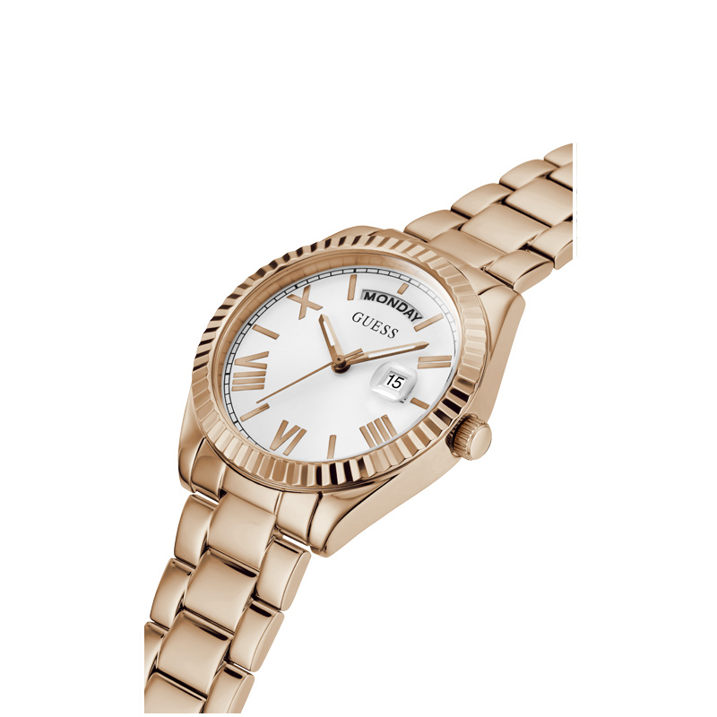 Side angle view of Guess Luna rose gold women's watch with stainless steel bracelet