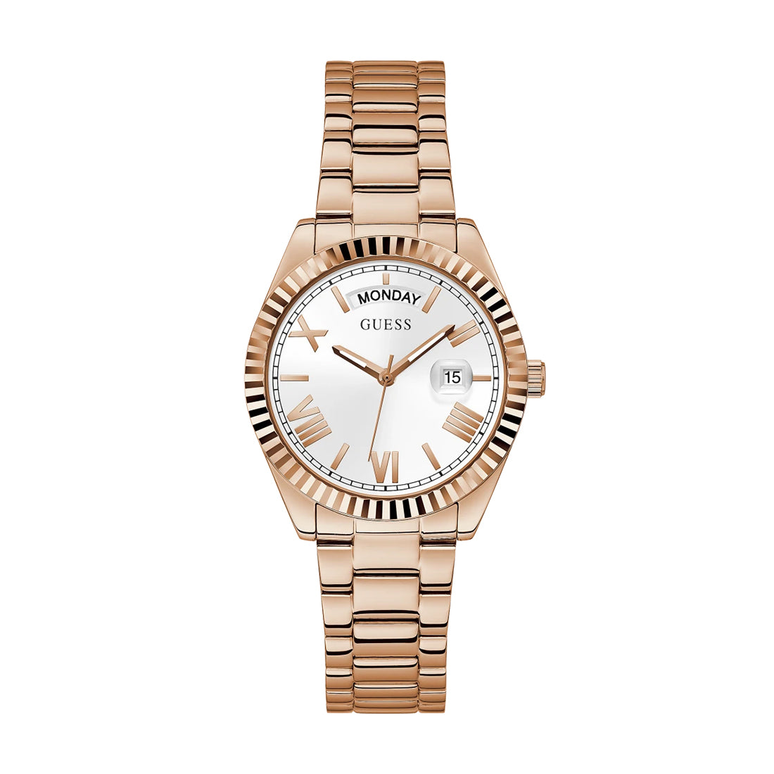 Guess Luna rose gold women's watch with white dial, day/date window, and rose gold bracelet