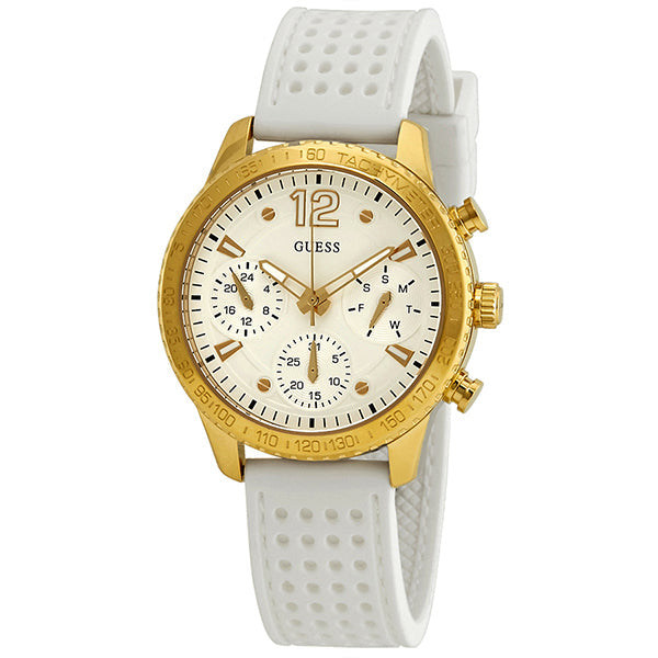Guess Marina white dial ladies chronograph watch with gold case and white strap