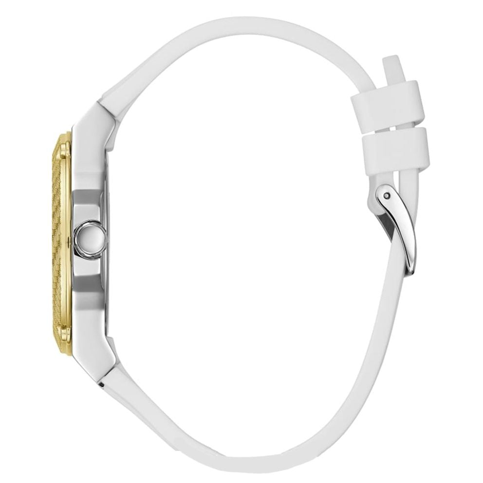 Side profile of Guess Marina watch with gold case and white silicone strap