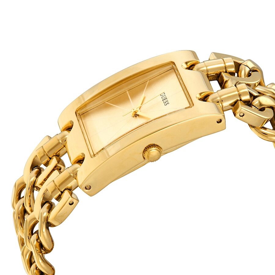 Guess Mod watch side view showing rectangular case and chunky gold chain bracelet