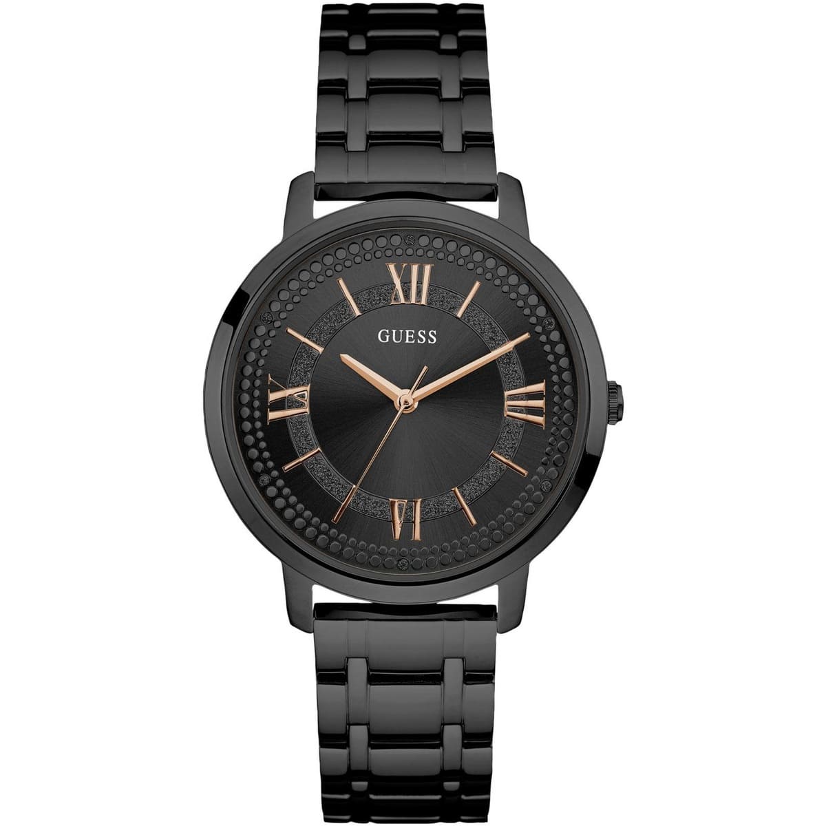 Guess Montauk men's watch front view with Roman numeral dial and rose gold hands