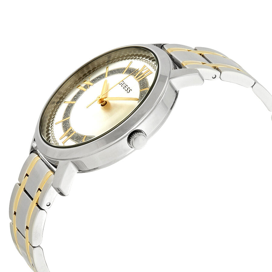 Guess Montauk watch angled view showing two-tone stainless steel bracelet and silver dial