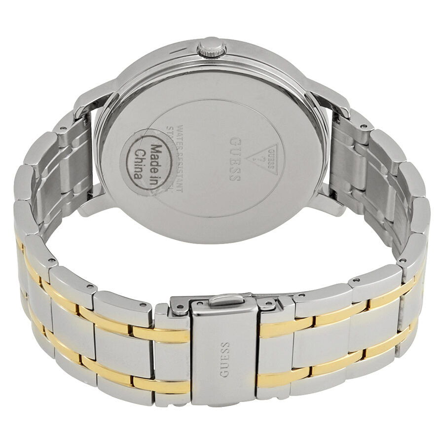 Guess Montauk watch caseback showing two-tone stainless steel design and engravings