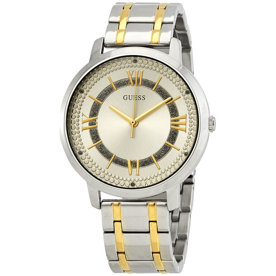 Guess Montauk silver dial two-tone ladies watch with gold Roman numerals and mixed metal bracelet
