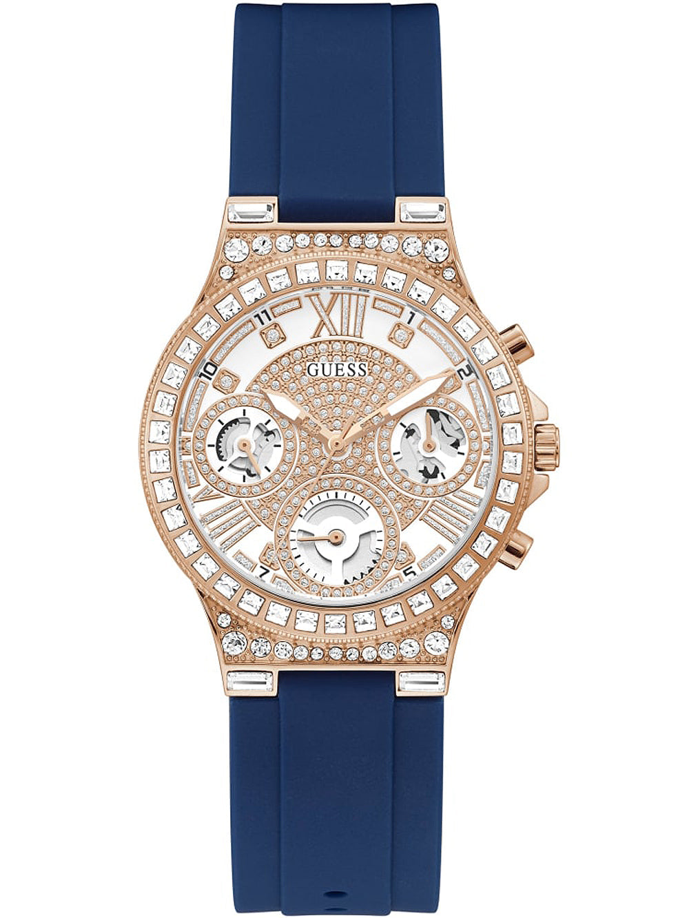 Guess Moonlight chronograph watch with rose gold case, crystal bezel, and blue strap