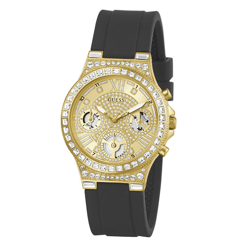 Guess Moonlight gold-tone women's watch with black silicone strap and crystal-set bezel