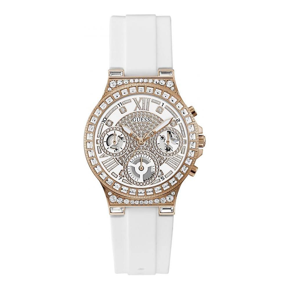 Guess Moonlight rose gold women's watch with crystal bezel and white silicone strap