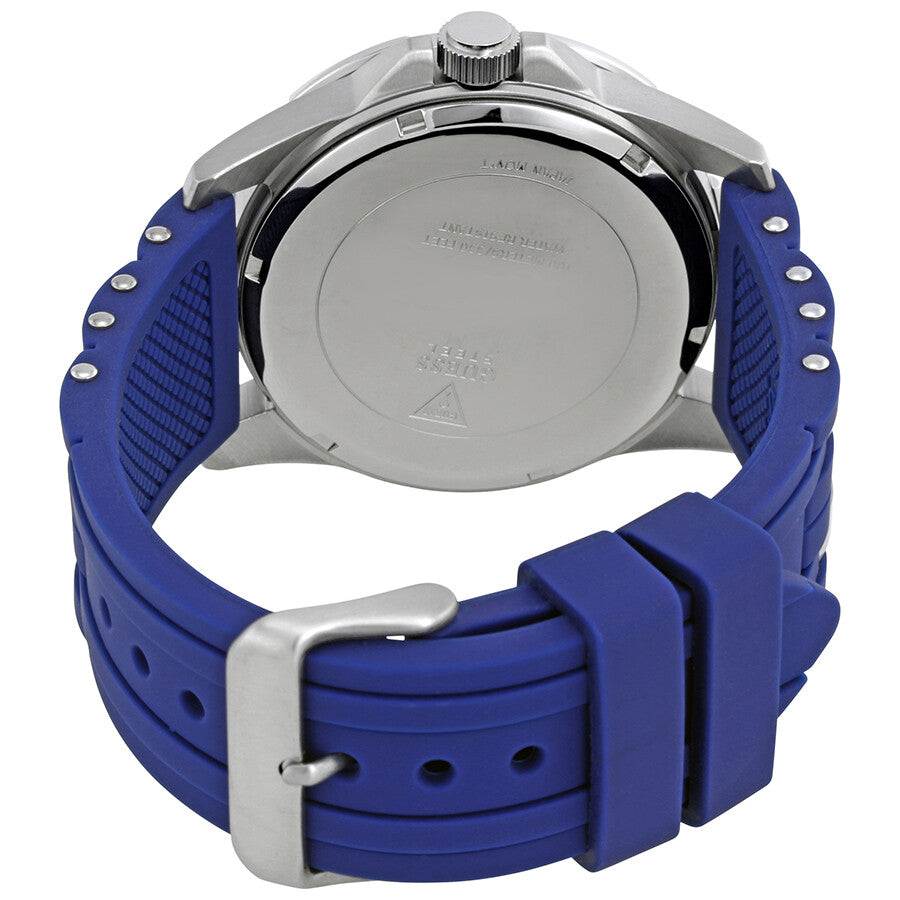 Back case view of Guess Oasis watch with stainless steel caseback and blue silicone strap