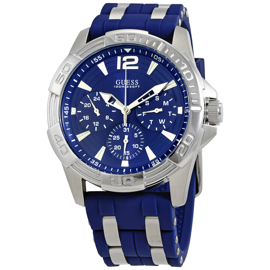 Guess Oasis blue dial men's chronograph watch with stainless steel case and blue silicone strap