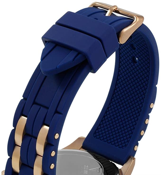 Blue and rose gold rubber strap with stud accents and gold-tone buckle closure