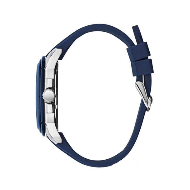 Guess Octane Sports Chronograph watch shown from side with blue rubber strap and silver clasp