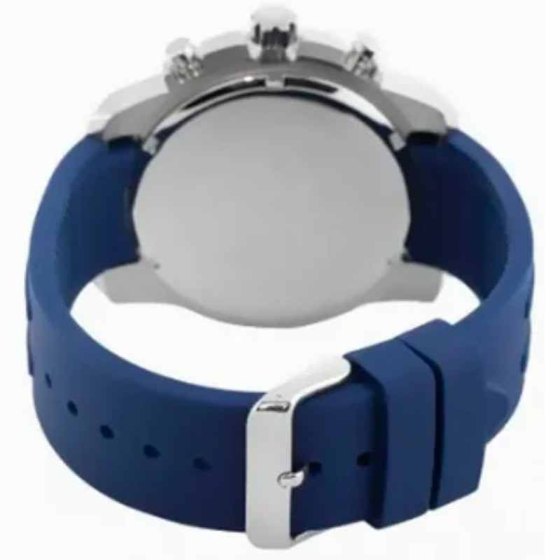 Guess Octane Sports Chronograph watch displayed on wrist, showing blue rubber strap and silver case