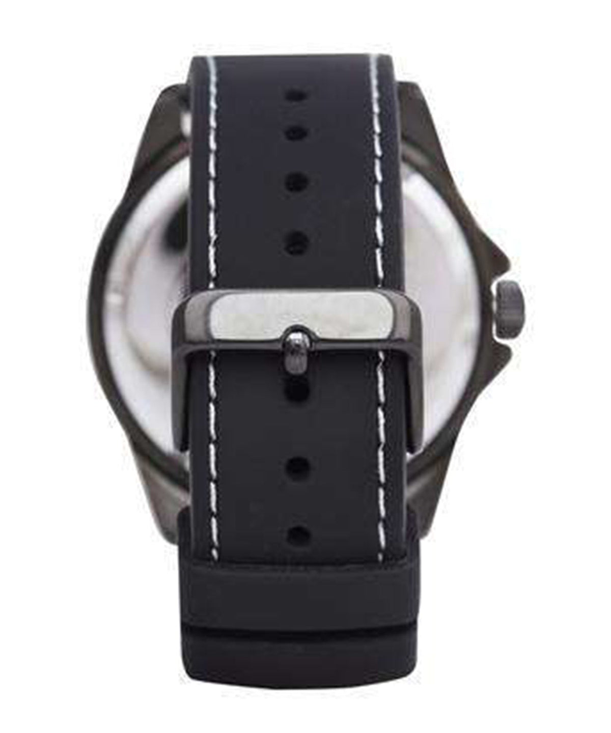 Guess Odyssey watch caseback showing black rubber strap with white stitching