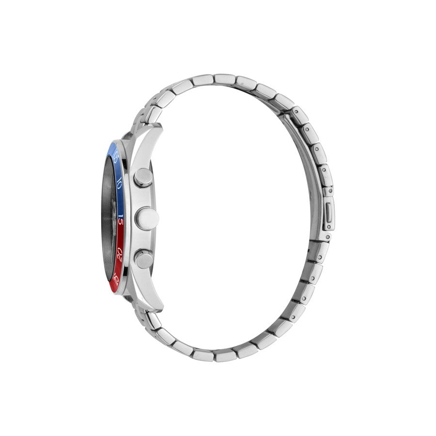 Guess Odyssey watch side view showing blue and red pepsi bezel and stainless steel case
