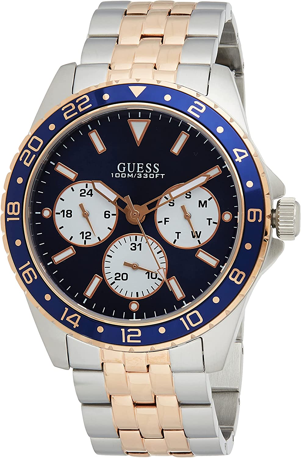 Guess Odyssey blue dial two-tone men's watch with chronograph subdials and blue bezel