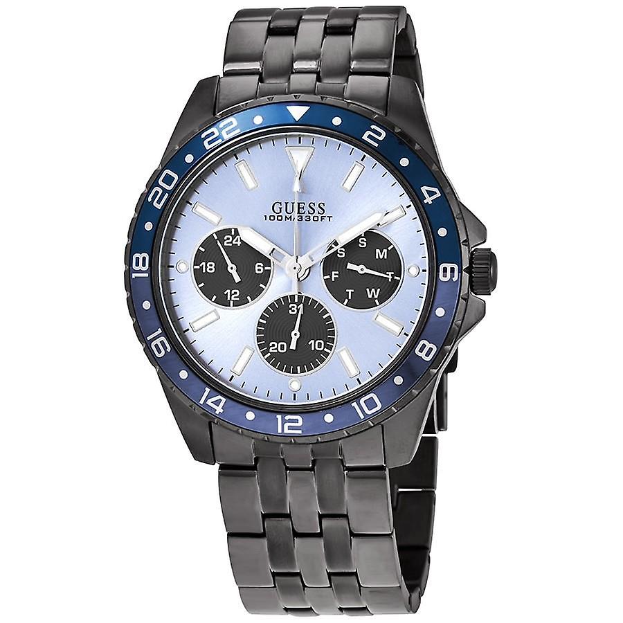 Guess Odyssey men's watch with light blue dial, black chronograph subdials, and blue bezel on stainless steel bracelet