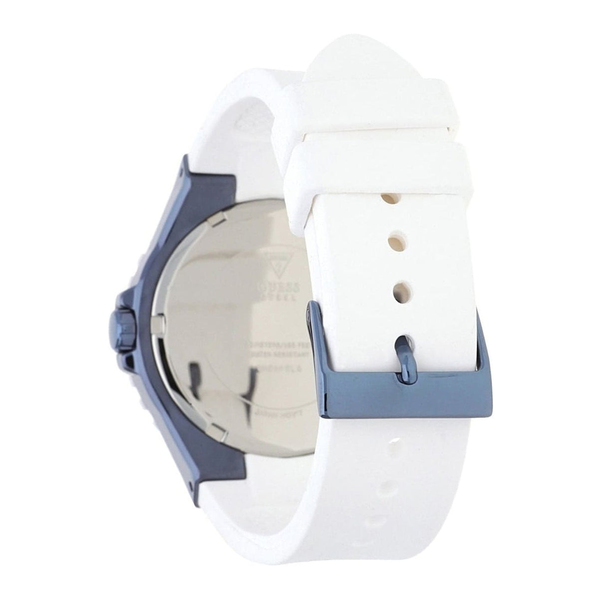 Case back and strap detail of Guess Overdrive watch with blue hardware and white silicone