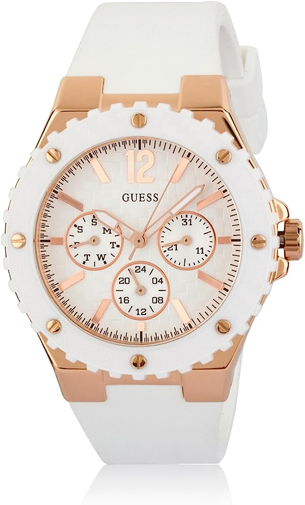 Guess Overdrive white dial chronograph women's watch with rose gold case and white strap